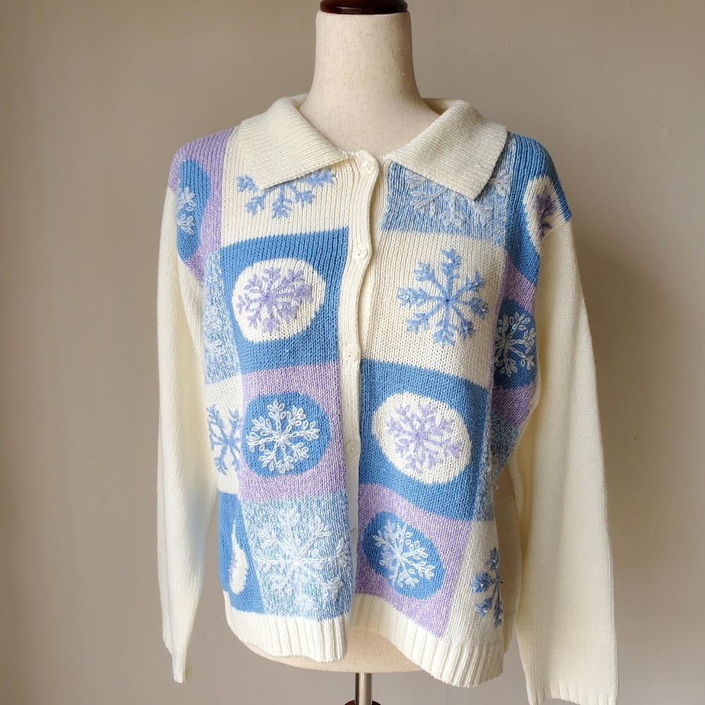 Vintage Snowflake Winter Cardigan Sweater Size Large